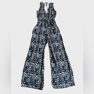 Forever 21 Wide Leg Jumpsuit Women's Sz M Sleeveless Geometric Print Navy White